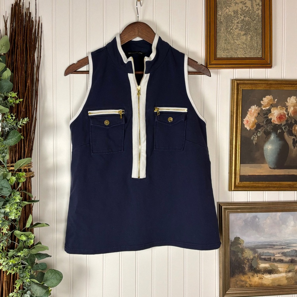 Boston Proper Sleeveless Quarter Zip Top Womens Size L Navy Blue Excellent Gold